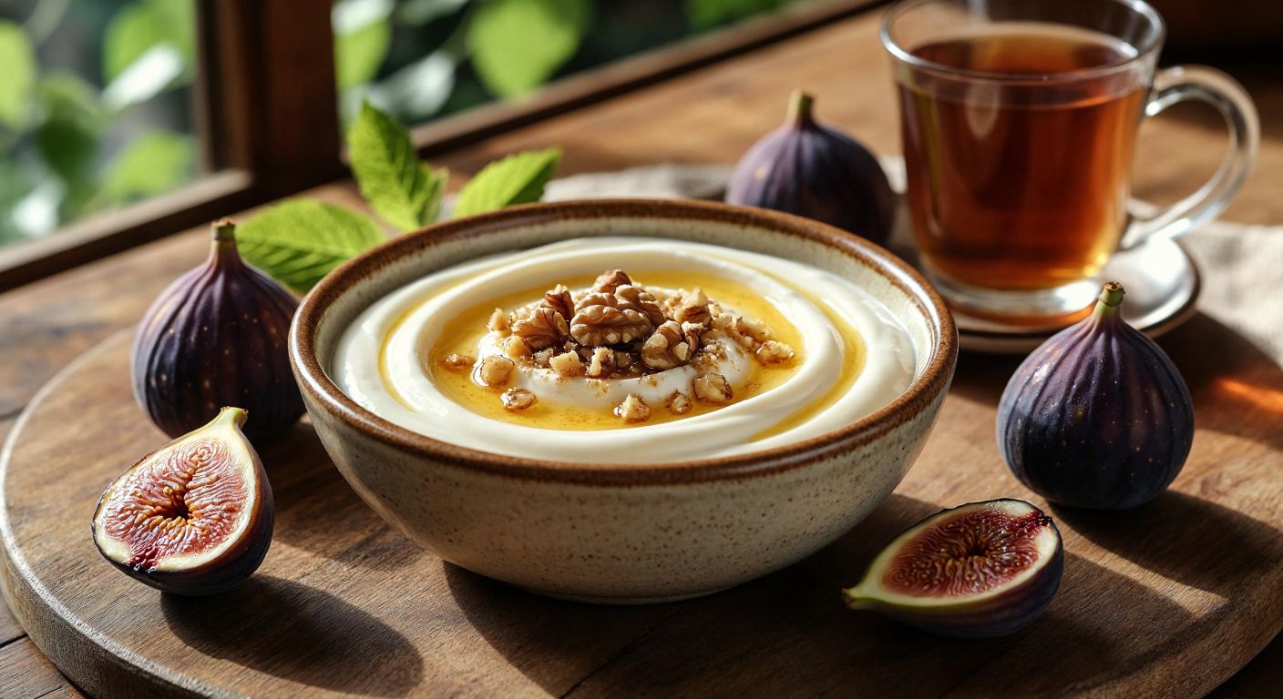 A warm, sunlit Turkish kitchen with a small ceramic bowl of creamy yogurt swirled with golden tahini, topped with a drizzle of honey and a sprinkle of crushed walnuts, resting on a wooden table beside fresh figs and a glass of çay.
