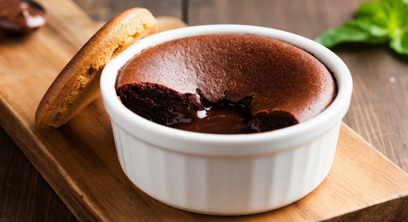 A warm, gooey chocolate soufflé in a small ceramic ramekin, with melted dark chocolate oozing from its center, placed on a rustic wooden table in a cozy Turkish kitchen.