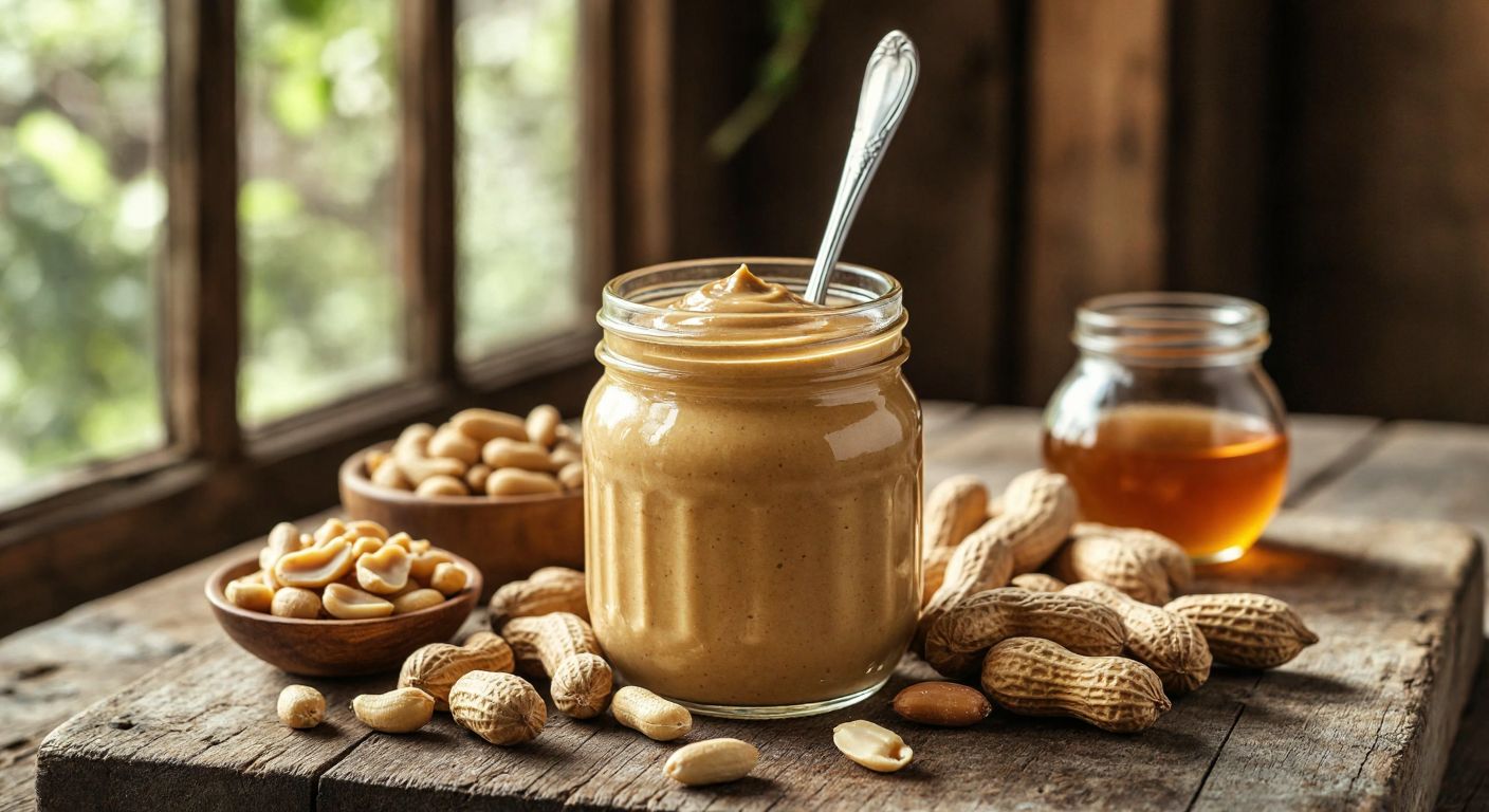 A glass jar of creamy peanut butter with a spoon resting on its rim, surrounded by fresh peanuts and a small bowl of honey, placed on a rustic wooden table in a sunlit Turkish kitchen.