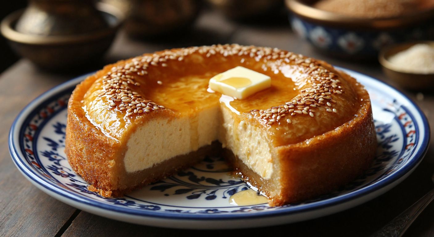 A golden-brown *sahine* dessert, sliced open to reveal its creamy tahini and honey filling, drizzled with melted butter and sprinkled with toasted sesame seeds, resting on a traditional Turkish ceramic plate.