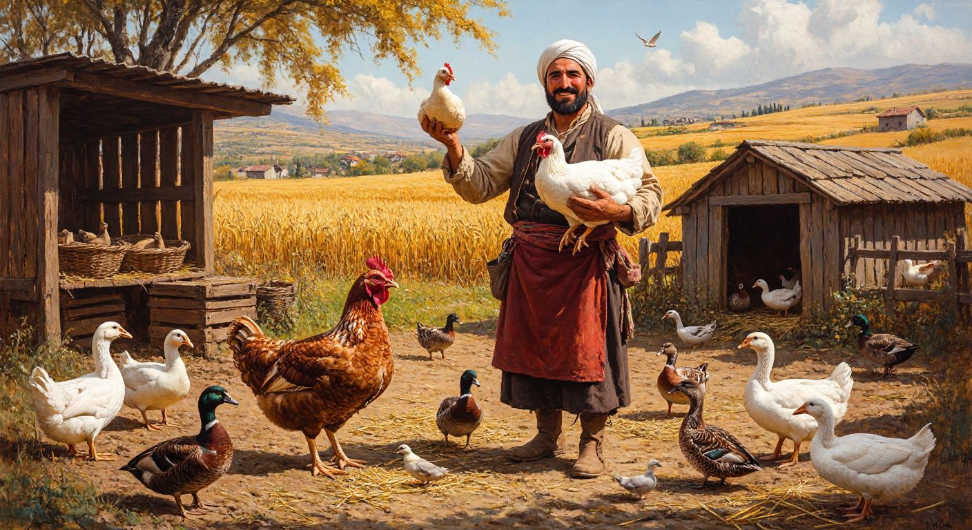 A sunlit Turkish farmyard with a farmer in traditional attire proudly holding a plump white chicken in one hand and a large brown turkey in the other, surrounded by ducks and quails pecking at the ground, with wooden coops and golden wheat fields in the background.