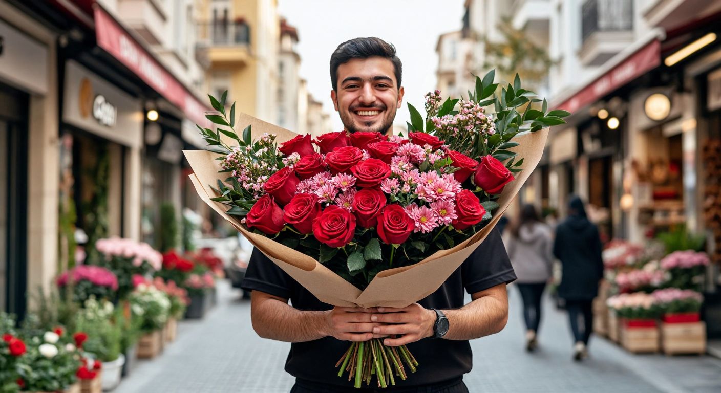 A vibrant bouquet of red roses and elegantly wrapped floral arrangements, held by a smiling delivery person in a Getir uniform against a backdrop of a bustling Turkish street.