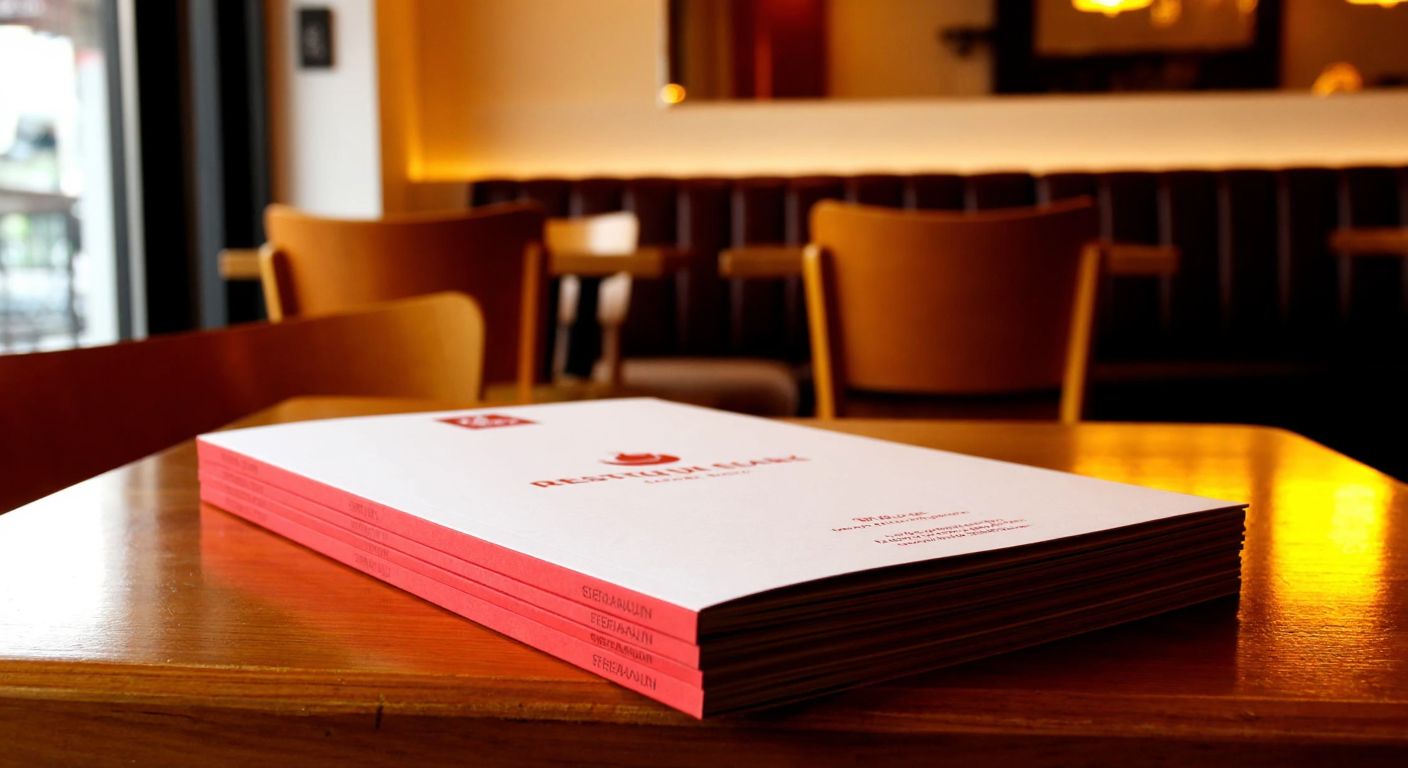 A neatly arranged stack of restaurant menus in various textures—glossy, matte, kraft, and tulle—resting on a wooden table in a cozy Turkish café, with warm lighting highlighting their distinct finishes.