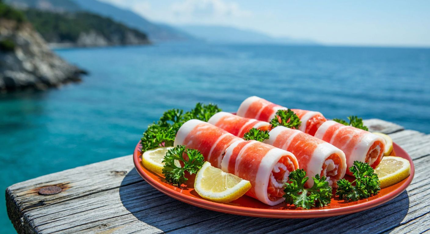 A vibrant plate of fresh surimi rolls garnished with lemon slices and parsley, placed on a rustic wooden table overlooking the turquoise waters of the Aegean coast.