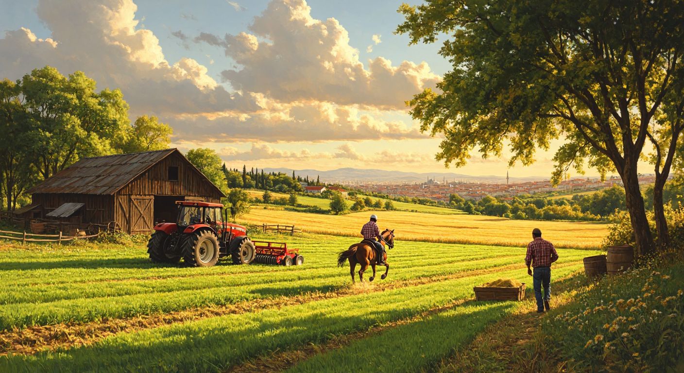 A sunlit farm in Çanakkale with green fields, a red tractor parked near a barn, and a farmer in a plaid shirt checking equipment, while in the distance, a separate scene shows a horseback rider in Istanbul galloping across a golden meadow near a wooden stable.