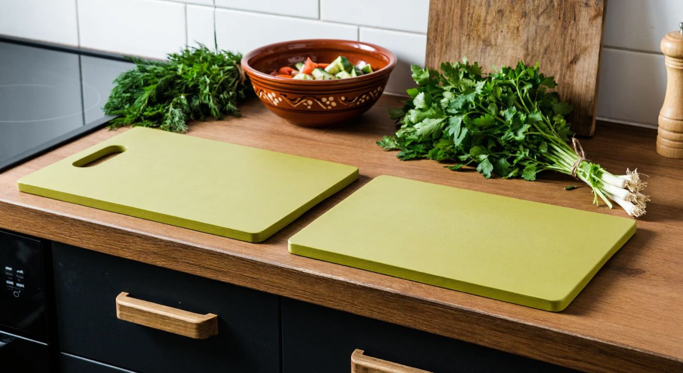 A rustic wooden kitchen counter in a Turkish home with two olive-green cutting boards placed side by side, surrounded by fresh herbs and a traditional ceramic bowl filled with chopped vegetables.