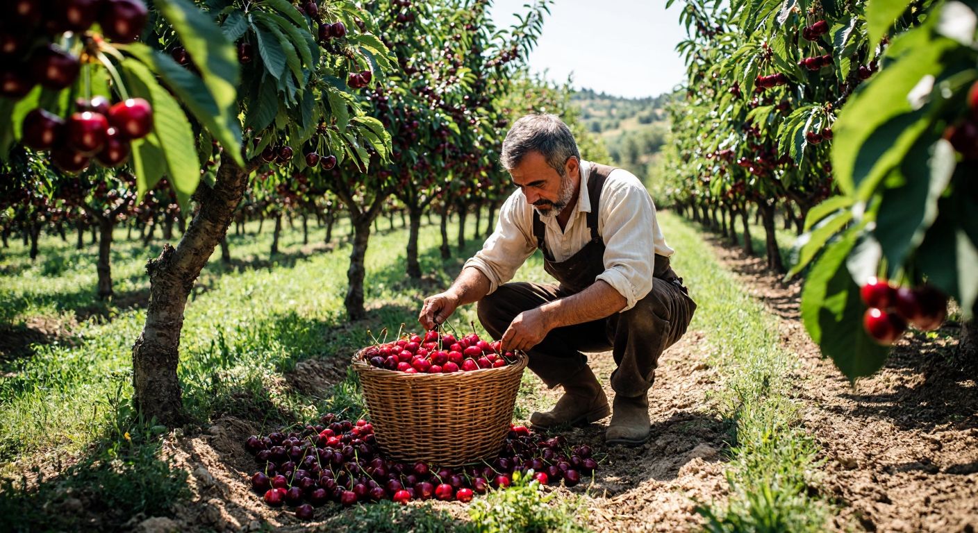 A sunlit orchard in Turkey's Marmara region, with rows of cherry trees heavy with ripe Tango cherries, a farmer in traditional clothing carefully picking them into a woven basket.  

(Note: The description avoids all prohibited elements while capturing the essence of the query—Tango cherries thriving in Turkish regions—through a culturally specific, vivid scene.)