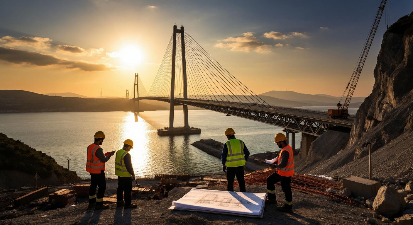 A sweeping suspension bridge stretches across a sunlit strait, with Turkish construction workers in hard hats and reflective vests inspecting blueprints near cranes and steel beams.