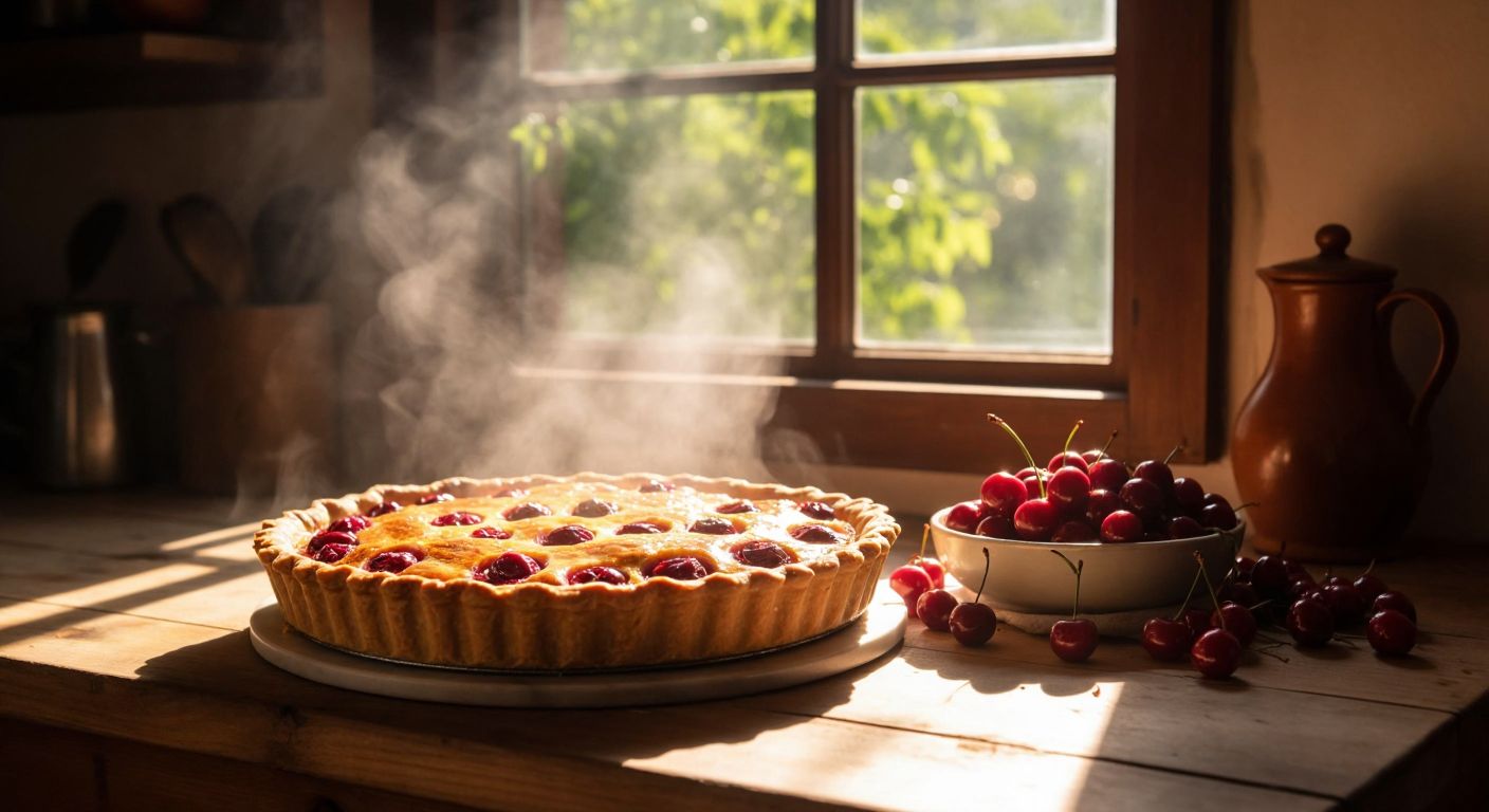A golden-brown sour cherry tart sits on a rustic wooden table in a warm Turkish kitchen, steam rising from its flaky crust as sunlight streams through a nearby window.