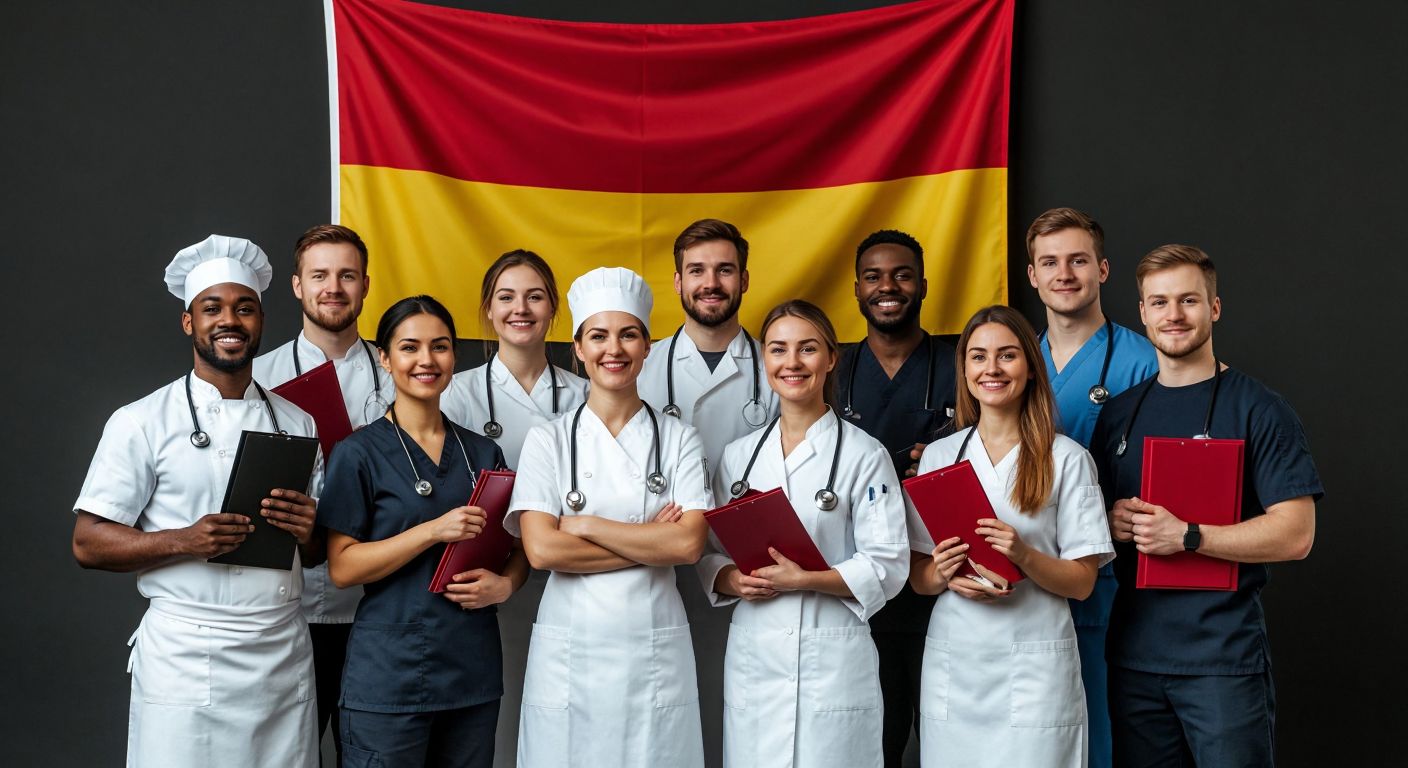 A diverse group of determined workers in professional attire—chefs, nurses, welders, and IT technicians—holding diplomas and tools, standing in front of a German flag with hopeful expressions.