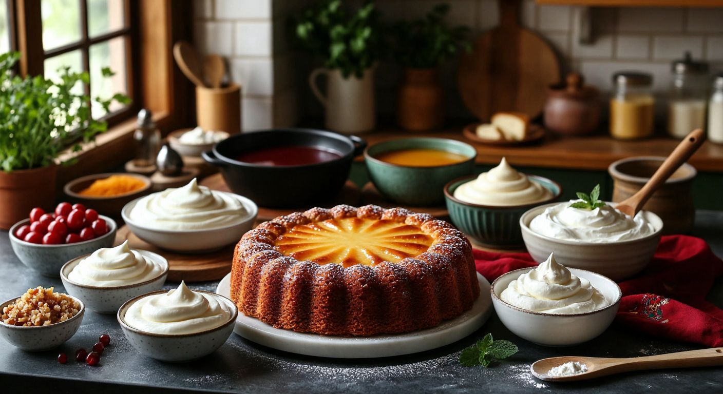 A vibrant Turkish kitchen counter displays a freshly baked *adet* cake surrounded by bowls of various creams—smooth liquid cream, velvety pastry cream, glossy ganache, fluffy whipped cream, rich buttercream, and tangy labneh cream—with a wooden spatula resting nearby.