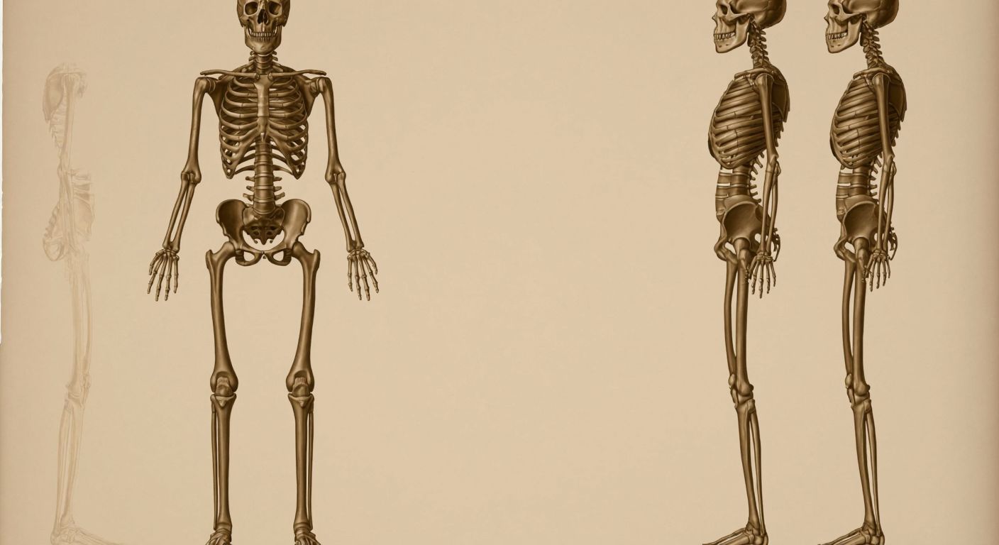 A detailed anatomical illustration of a human skeleton standing upright, with highlighted sections like the skull, spine, ribs, and limbs, set against a neutral background.