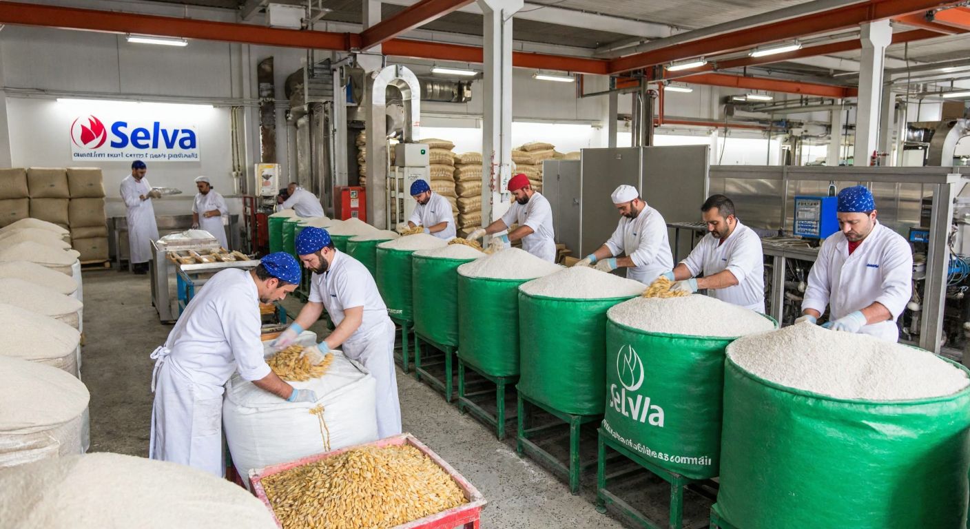 A bustling Turkish food factory with workers in white uniforms packaging flour bags under the Selva logo, surrounded by sacks of wheat and industrial machinery.