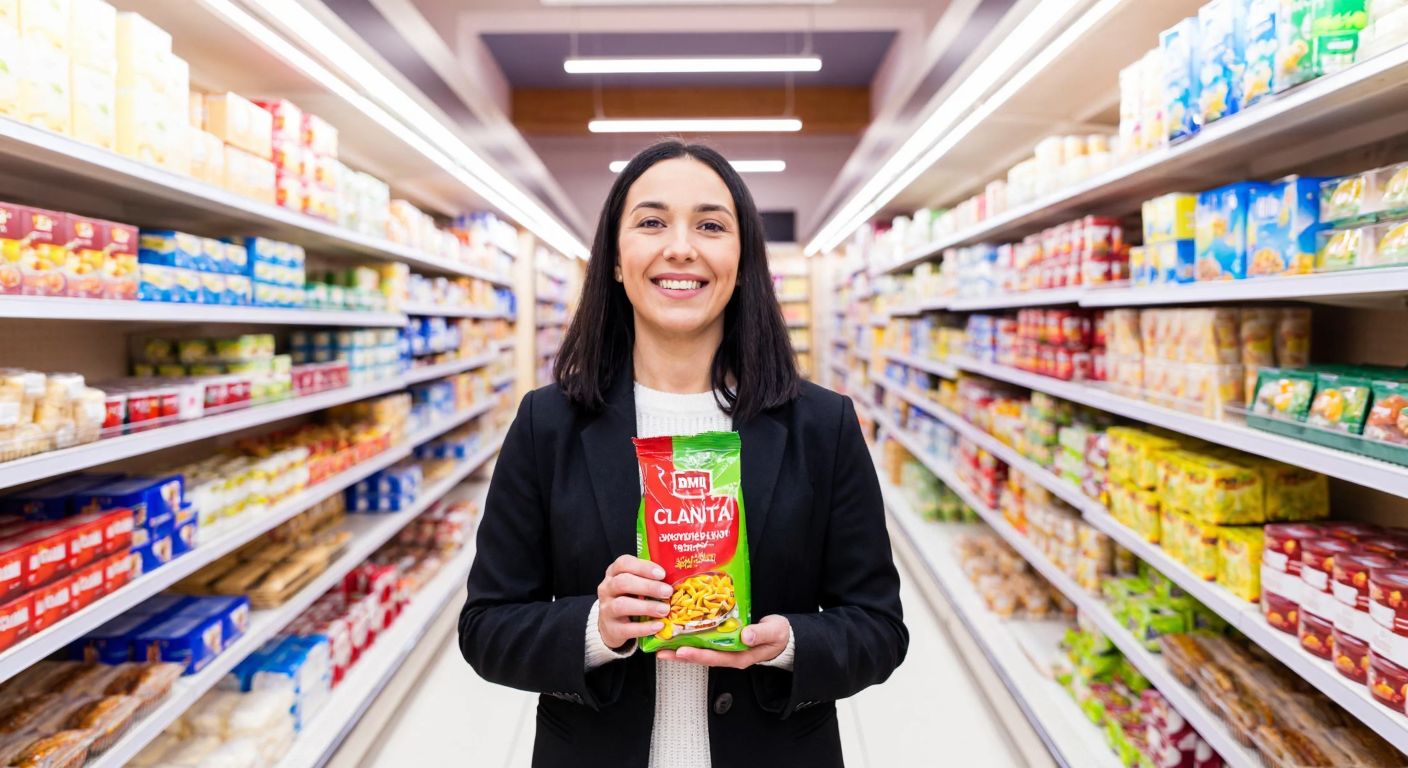 A cheerful shopper in a Bim store aisle holding a colorful package of pasta, with shelves stocked neatly with various food items under bright fluorescent lights.