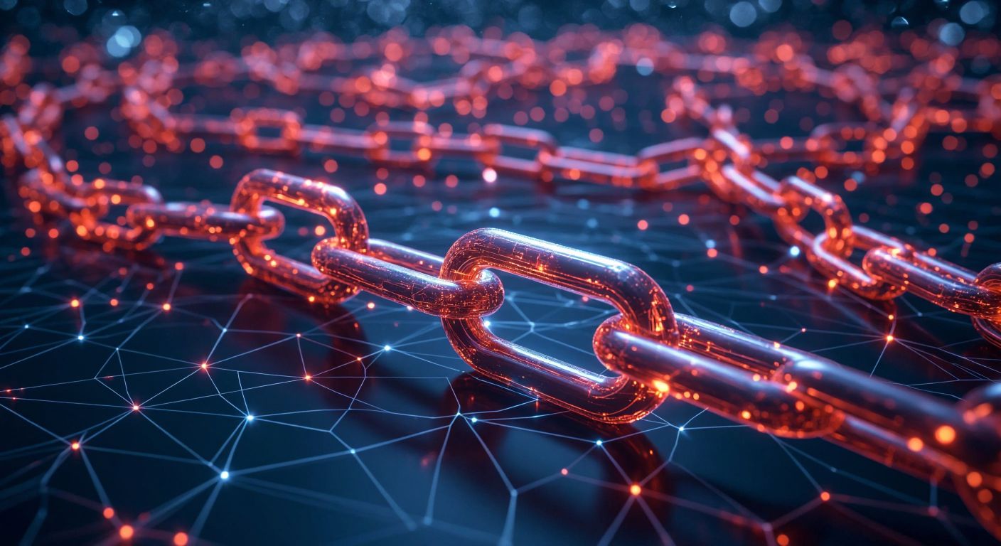 A glowing digital chain link rises against a backdrop of interconnected blockchain networks, with silhouettes of corporate logos like Google and Amazon subtly integrated into the shimmering links, reflecting trust and technological advancement.