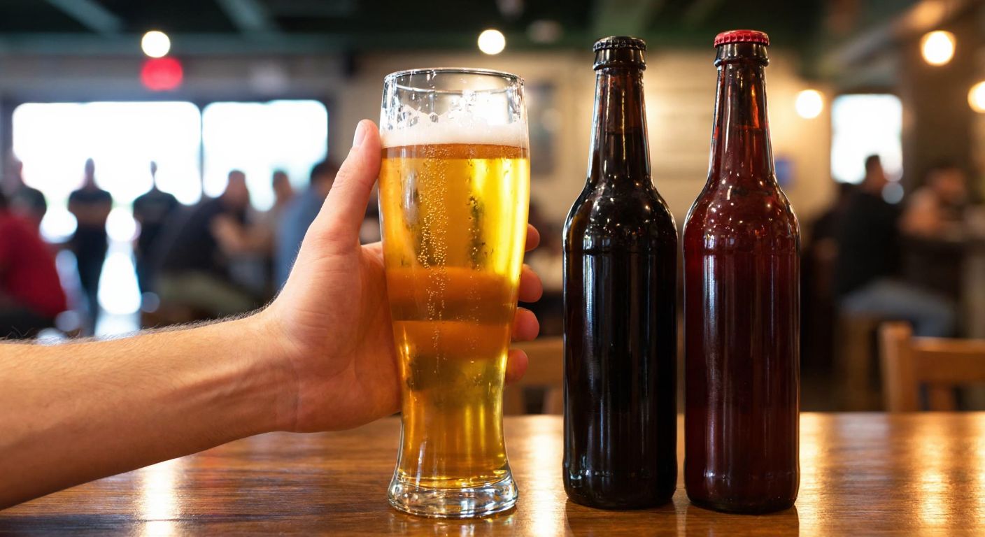 A hand holding a frosty golden beer glass with condensation dripping down, placed on a wooden table beside two other bottles—one dark red and one small, sleek—with a blurred background of a lively Turkish pub.