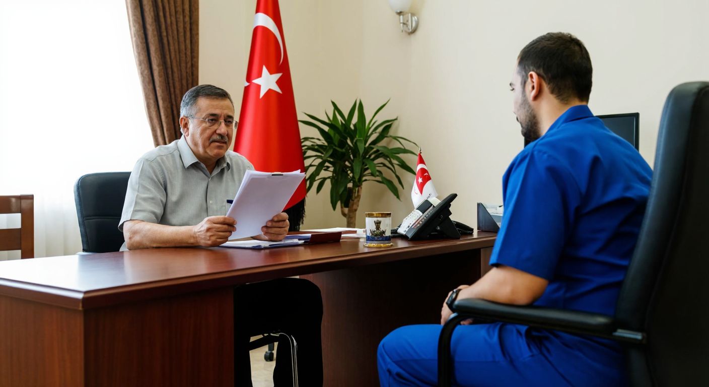 A middle-aged person in a wheelchair, wearing a formal shirt, sits at a wooden desk in a government office in Turkey, holding documents while a patient clerk in a blue uniform listens attentively, with a Turkish flag and potted plants in the background.
