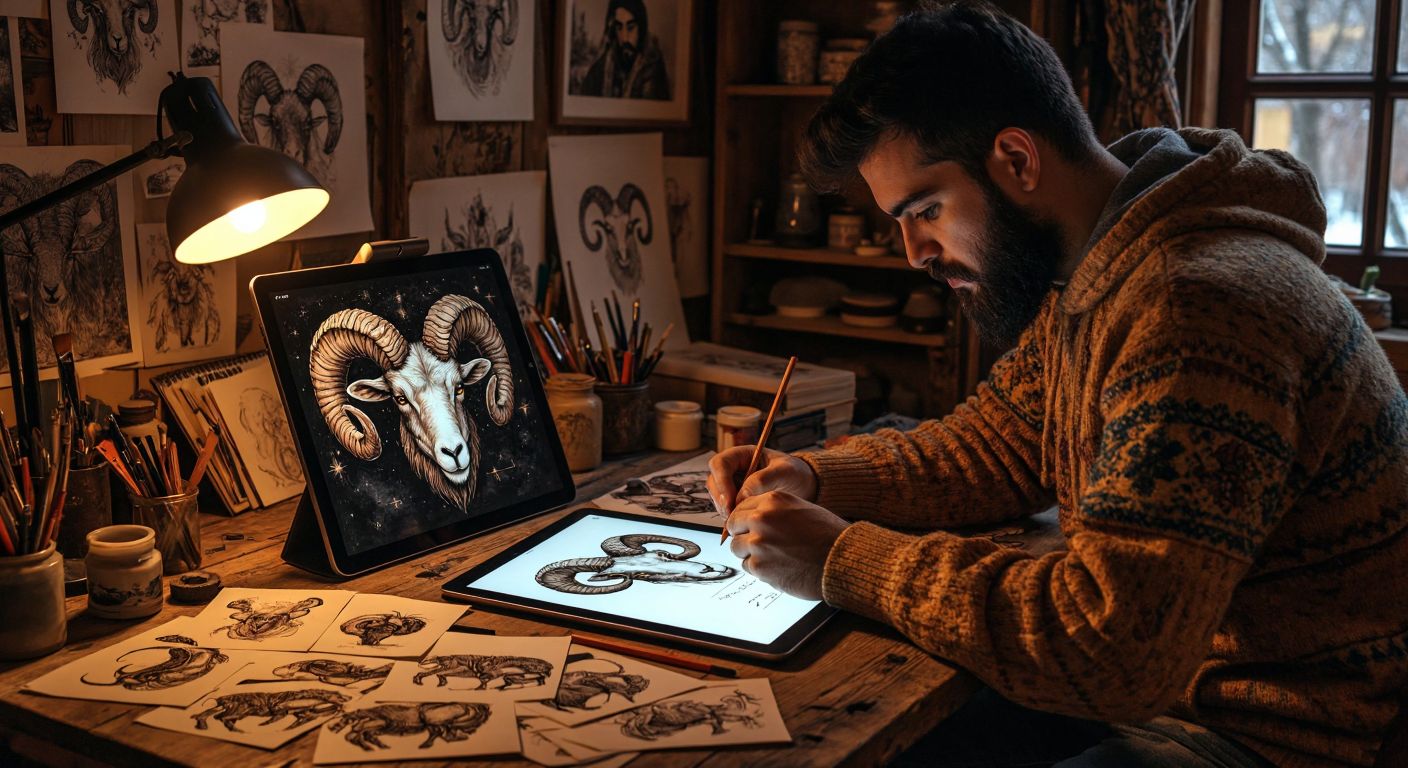 A determined artist sketches the bold, curved horns of the Aries zodiac symbol on a digital tablet, surrounded by scattered printouts of vector-style ram illustrations in a cozy Turkish studio with warm lamplight.