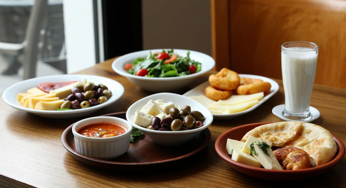 A rustic wooden breakfast table in Turkey set with a vibrant olive salad, a plate of assorted cheeses (including kasar), a steaming bowl of tomato soup, crispy fried pastries, and a frothy glass of ayran, evoking warmth and traditional flavors.