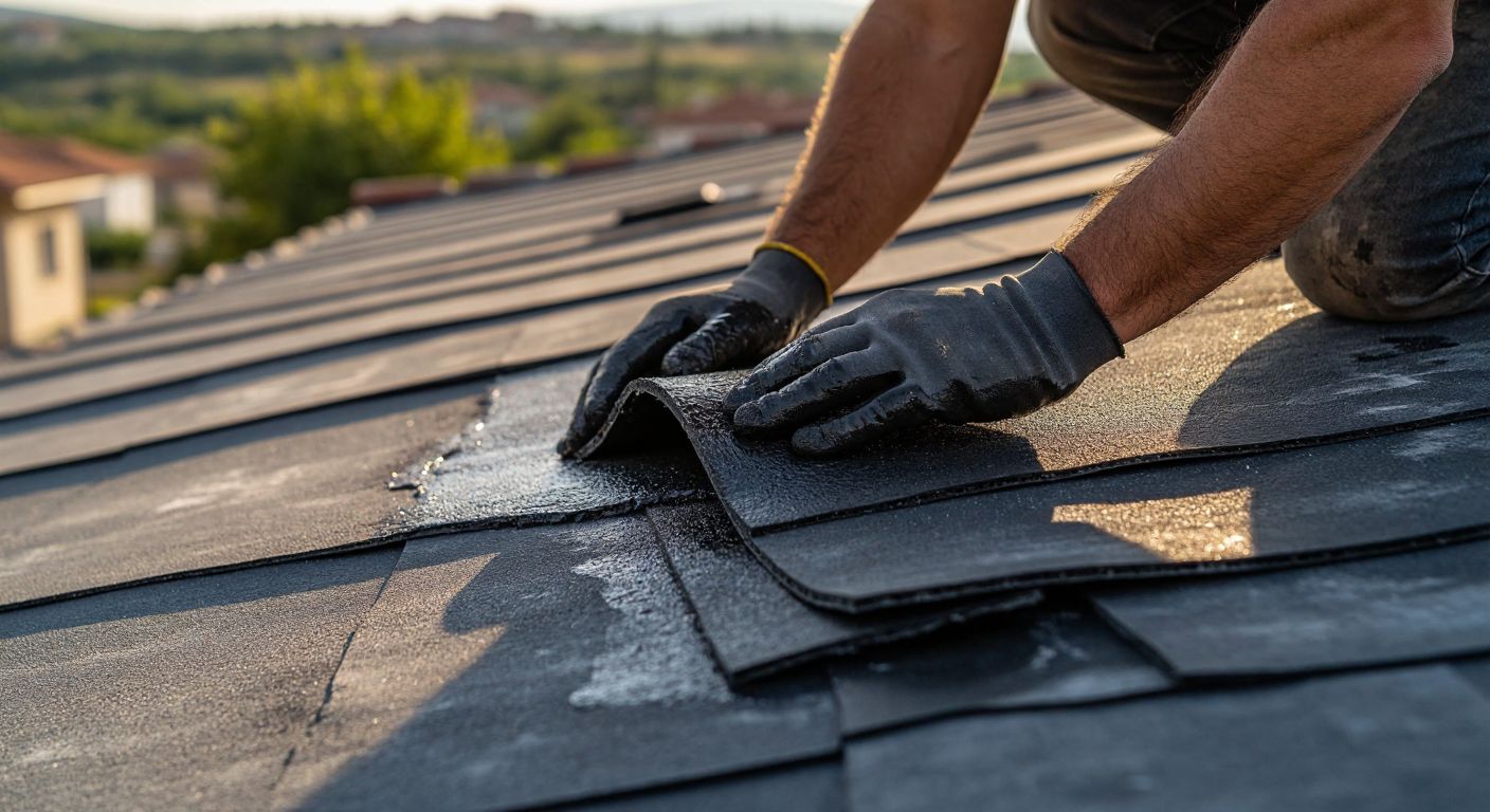 A close-up of a weathered rooftop in Turkey, where a worker’s hands carefully press a thick, black waterproofing band over a cracked surface, sealing it under the warm sunlight.