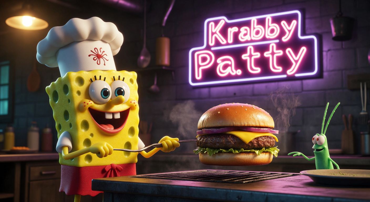 A cheerful yellow sponge in a chef’s hat grills a golden burger under a neon "Krabby Patty" sign while a tiny green plankton lurks in the shadows, eyeing the secret recipe.