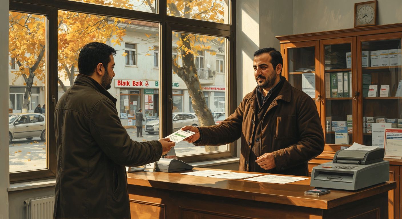 A Turkish citizen in a government office hands a payment slip to a clerk behind a counter, with a bank branch visible through the window in the background.