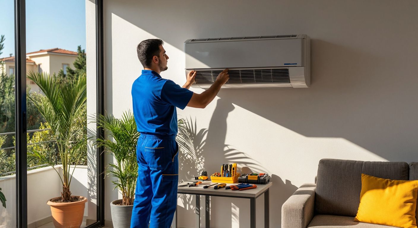 A Turkish technician in a blue uniform carefully inspects a wall-mounted air conditioner in a sunlit living room, with tools laid out on a small table nearby.