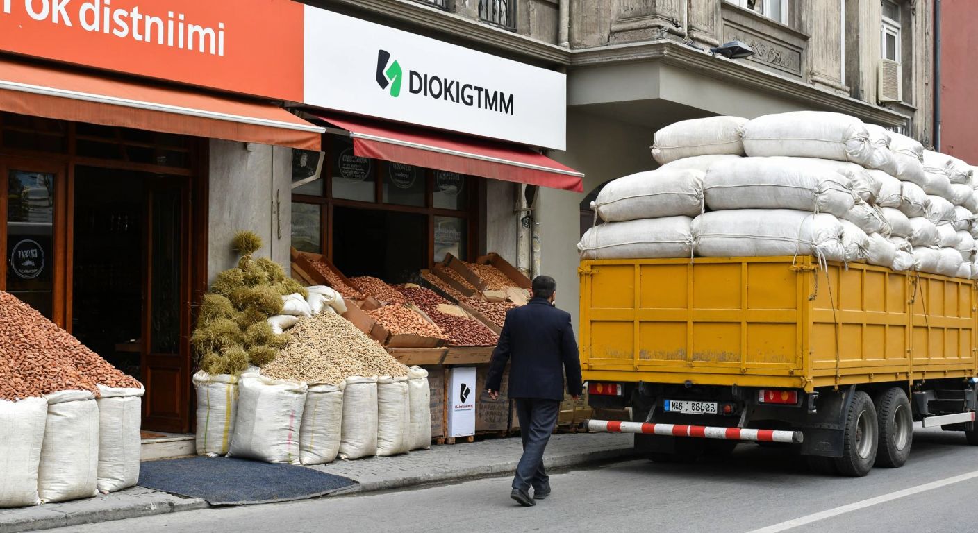 A bustling Istanbul street scene with two distinct storefronts—one displaying sacks of grains and nuts, and the other featuring trucks loaded with cargo, symbolizing the two companies under Ok Dağıtım.