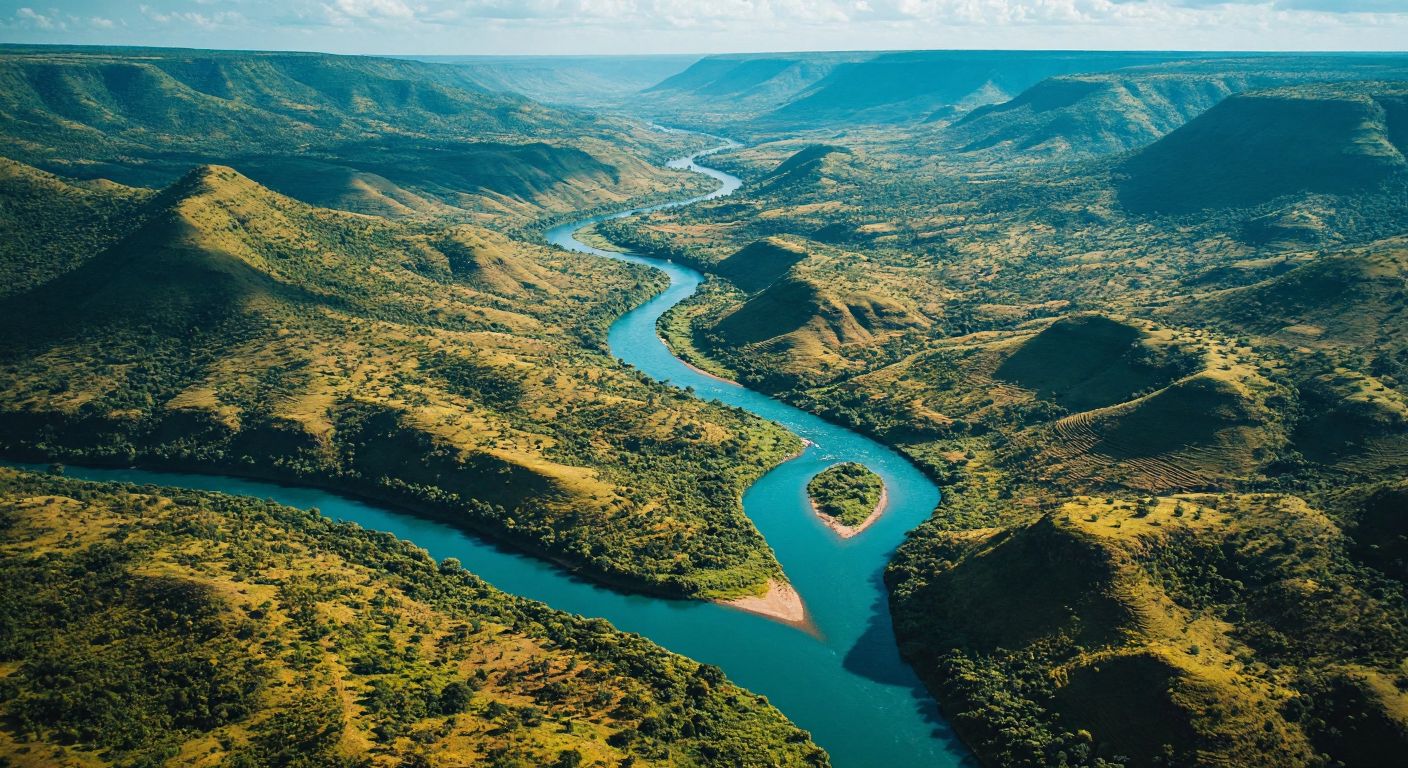 A vast African river splits into three shimmering blue branches—one winding through lush Ugandan hills, another rushing down Ethiopian highlands, and the last merging near Sudan's golden desert—under a blazing sun.
