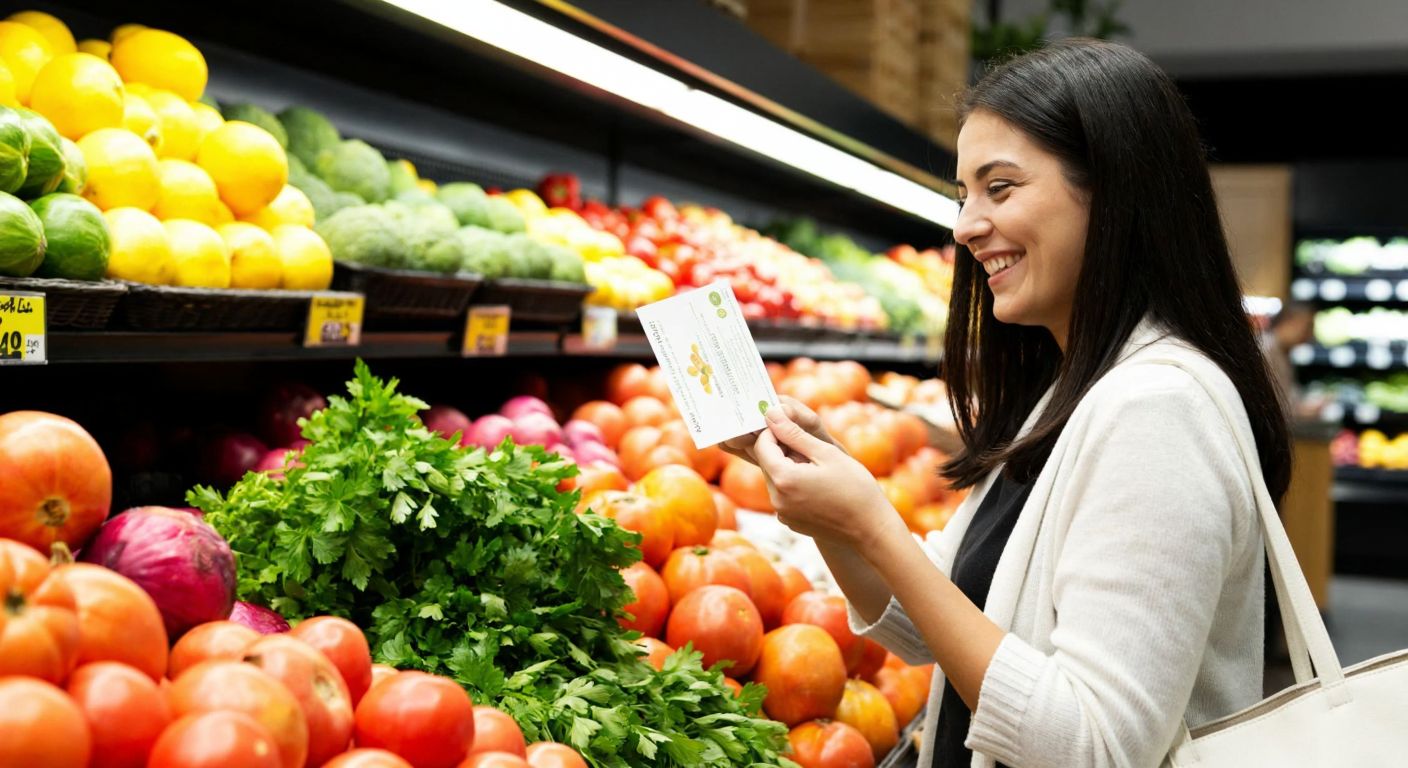 A smiling shopper in a Turkish supermarket holds a food voucher while selecting fresh produce from a colorful display of fruits and vegetables.
