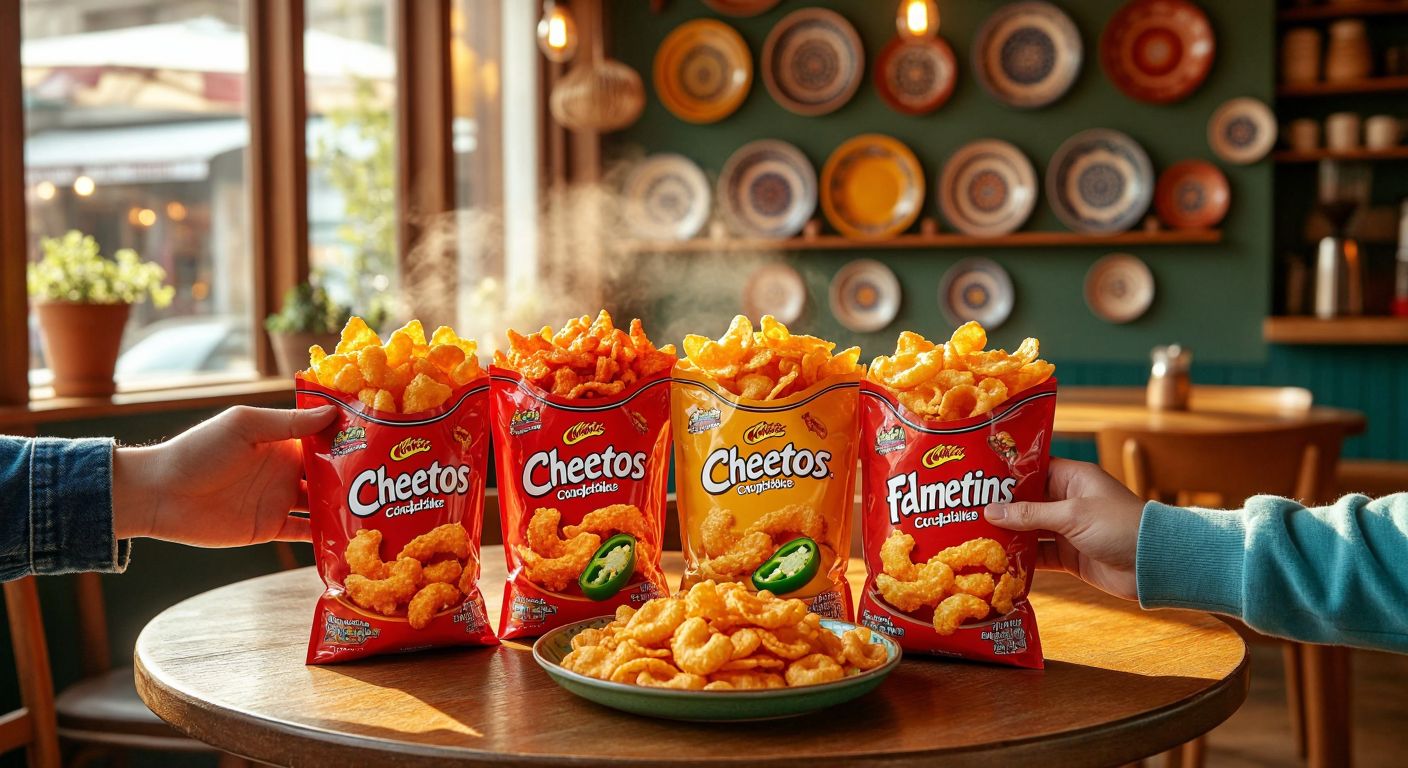 A vibrant table in a cozy Turkish café displays three open bags of Cheetos—Crunchy Cheddar Jalapeño, Puffs, and Flamin' Hot—with eager hands reaching toward them, surrounded by warm golden light and a backdrop of traditional ceramic plates.