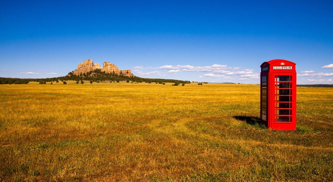 A vast golden prairie under a bright blue sky, with a distant silhouette of Mount Rushmore in South Dakota, USA, and a vintage red telephone booth standing alone in the field.