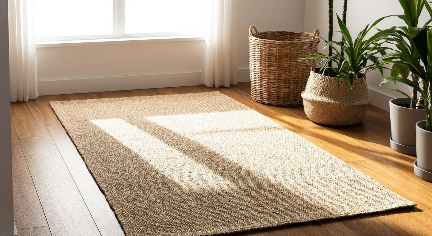 A textured, natural-toned sisal rug lies on a wooden floor in a sunlit Turkish living room, with a woven basket and potted plants nearby, evoking eco-friendliness and durability.