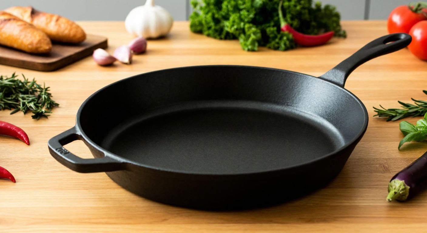 A deep black cast iron frying pan with a sturdy handle sits on a rustic wooden table, surrounded by fresh vegetables and herbs, evoking a cozy Turkish kitchen scene.