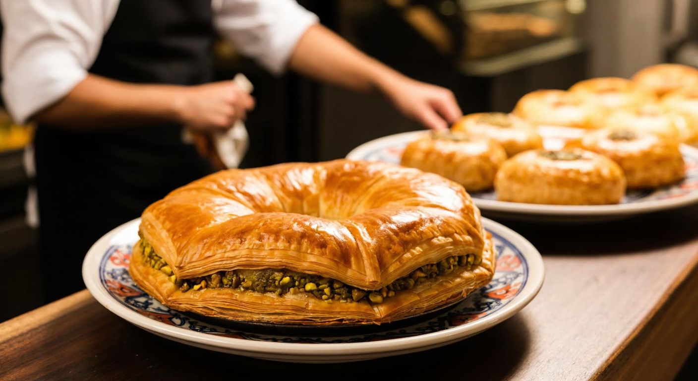 A golden, flaky baklava with layers of crispy phyllo dough and rich pistachio filling, placed on a traditional Turkish ceramic plate, surrounded by a warm, inviting bakery setting with a chef in the background carefully preparing more pastries.