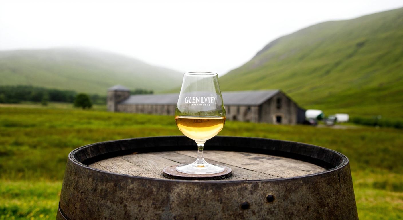 A golden glass of Glenlivet whisky resting on a weathered wooden barrel in a misty Scottish highland landscape with rolling green hills and a stone distillery in the background.