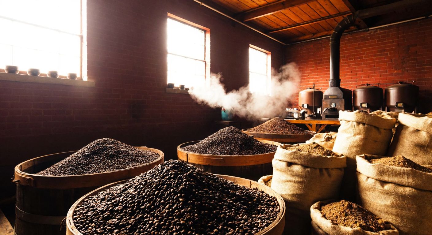 A rustic coffee factory with red brick walls in Beykoz Çengeldere, surrounded by stacked burlap sacks of coffee beans, with the warm aroma of roasting coffee drifting through the air.