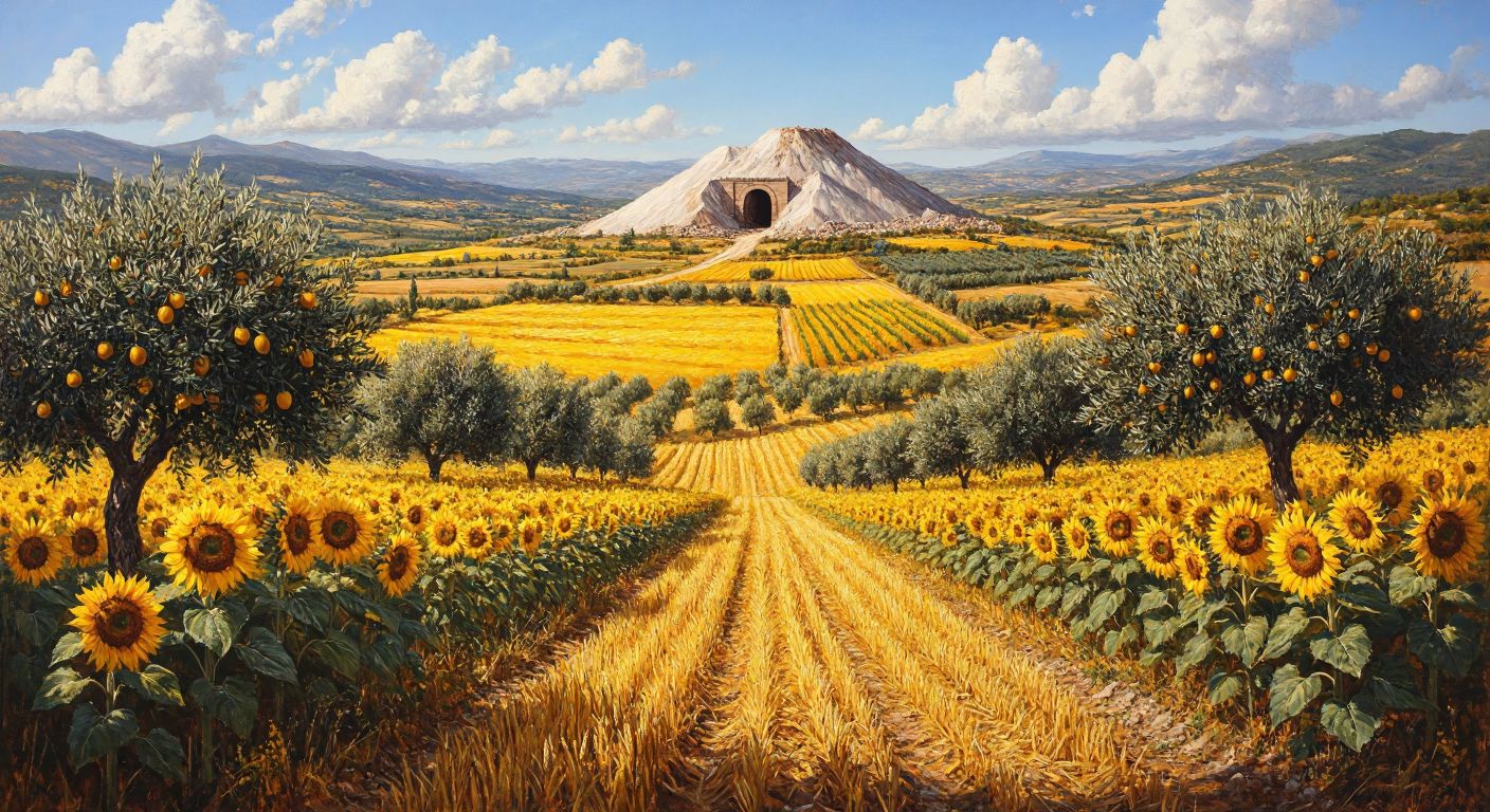 A sunlit Turkish countryside scene with golden fields of sunflowers and wheat, rows of olive trees heavy with fruit, and a distant mine entrance surrounded by piles of quartz and coal.