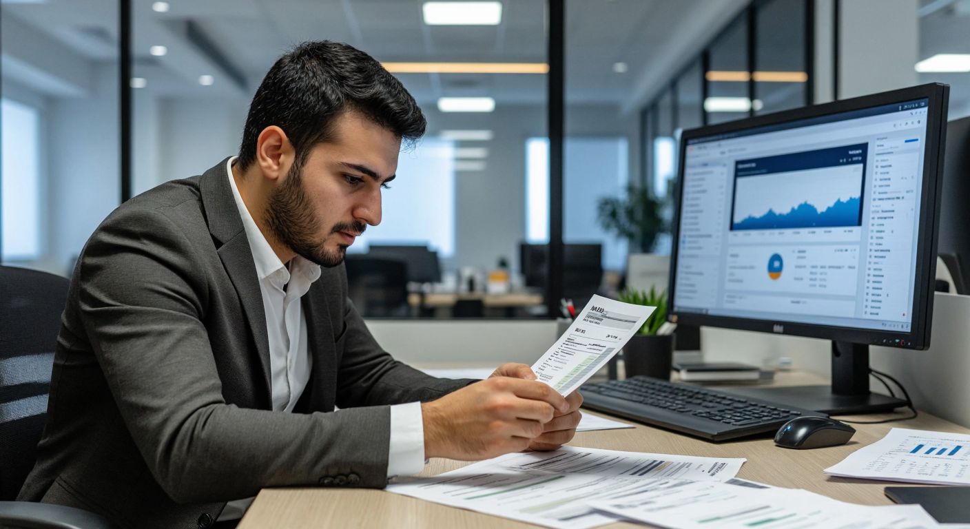 A Turkish office worker in a modern business setting intently reviews a printed check on a desk, with a computer screen displaying a financial software interface nearby.