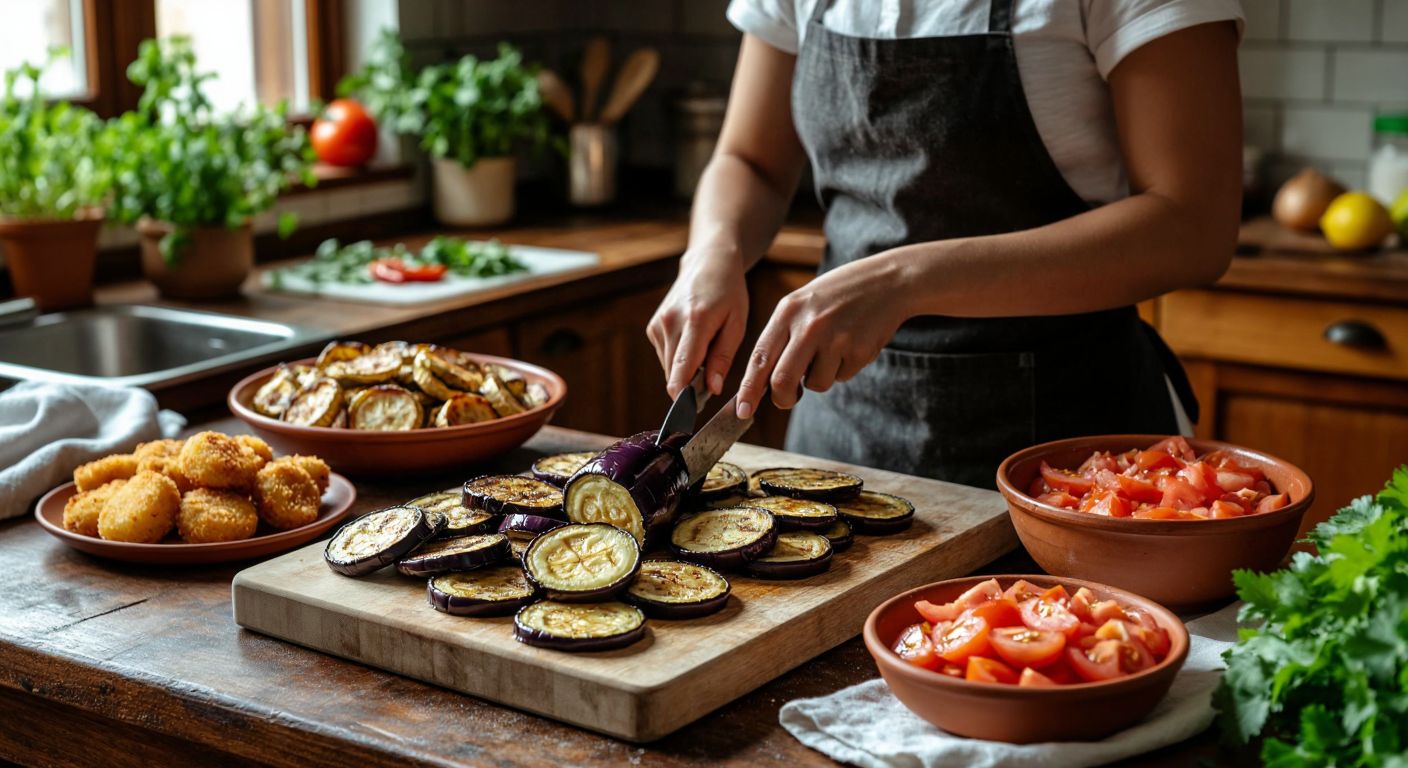 A Turkish kitchen scene with a woman in an apron carefully slicing round eggplant discs on a wooden cutting board, a bowl of salted water nearby, golden-fried eggplant pieces draining on paper towels, and diced tomatoes in a ceramic bowl, all under warm, inviting light.