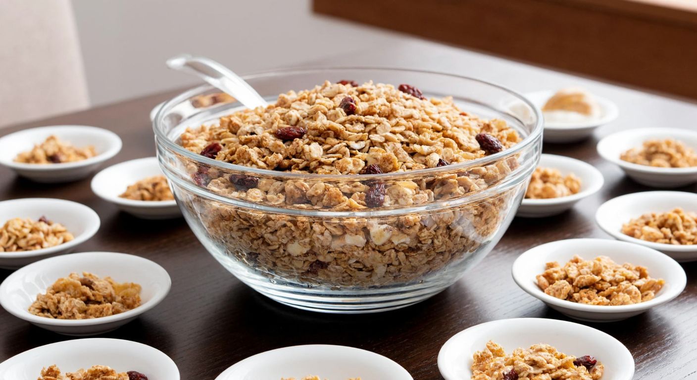 A large glass bowl filled with 375 grams of Vitalis muesli, surrounded by twenty small plates, each with a portion of the cereal, placed on a wooden table in a Turkish breakfast setting.