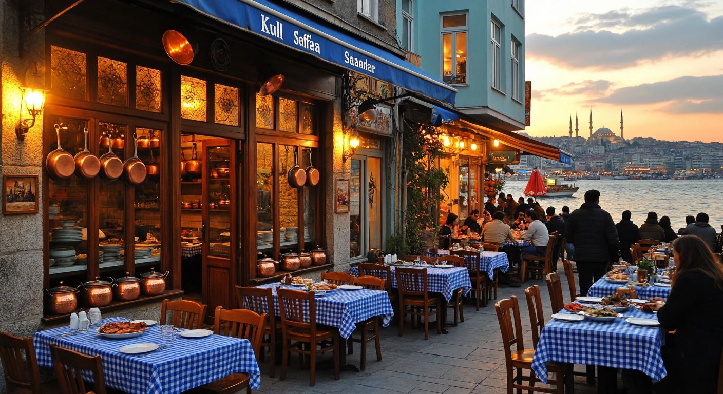 A bustling Istanbul street scene with a warmly lit traditional Turkish restaurant (Kul Sofrası) displaying a signless wooden door and copper pots in the window, while a seaside Kerpe eatery with blue-checkered tablecloths and fresh seafood sits under a sunset.