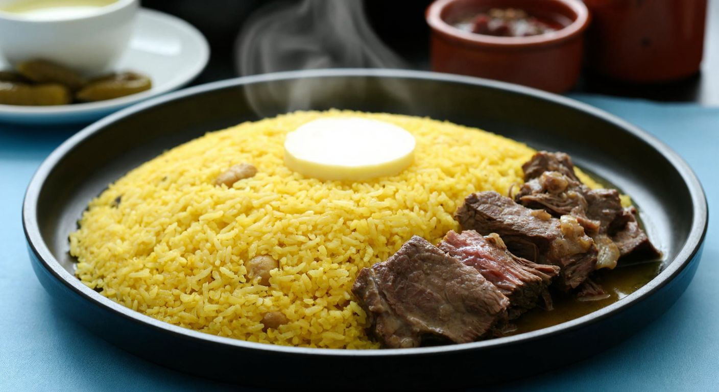 A steaming plate of golden rice cooked in bone broth, topped with a generous dollop of melted butter and served alongside tender, slow-cooked beef, evoking the rich culinary tradition of Trabzon.