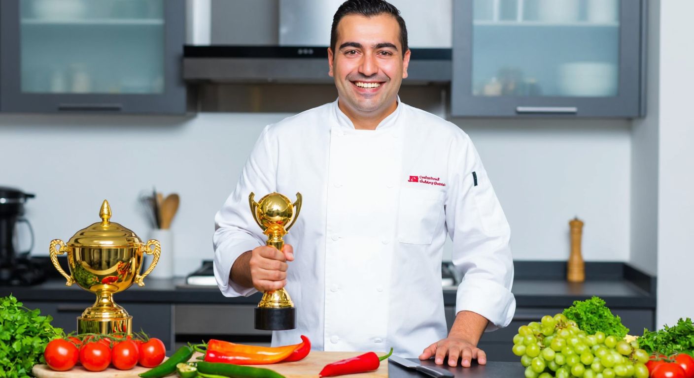 A smiling, confident Turkish man in a chef's white uniform stands in a bright kitchen, holding a golden trophy while surrounded by fresh ingredients like tomatoes, peppers, and herbs.