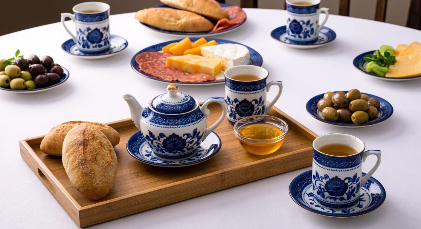 A traditional Turkish breakfast table set with a blue-and-white porcelain Cosmos tea set for six, surrounded by plates of olives, cheese, honey, and fresh bread on a wooden tray.
