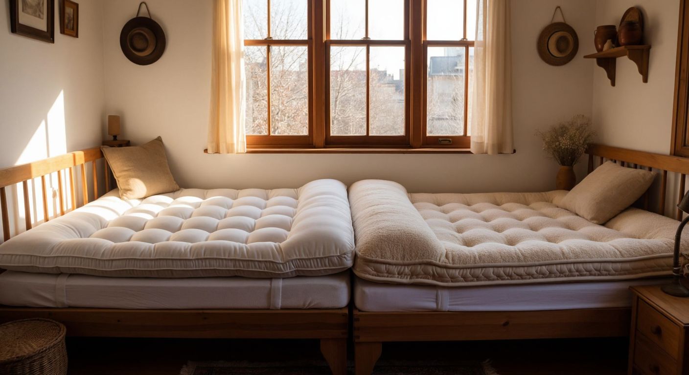 A cozy Turkish bedroom with a neatly made bed featuring two distinct mattresses—one fluffy white cotton mattress on the left and a thicker, cream-colored wool mattress on the right—bathed in warm sunlight from a wooden-framed window.