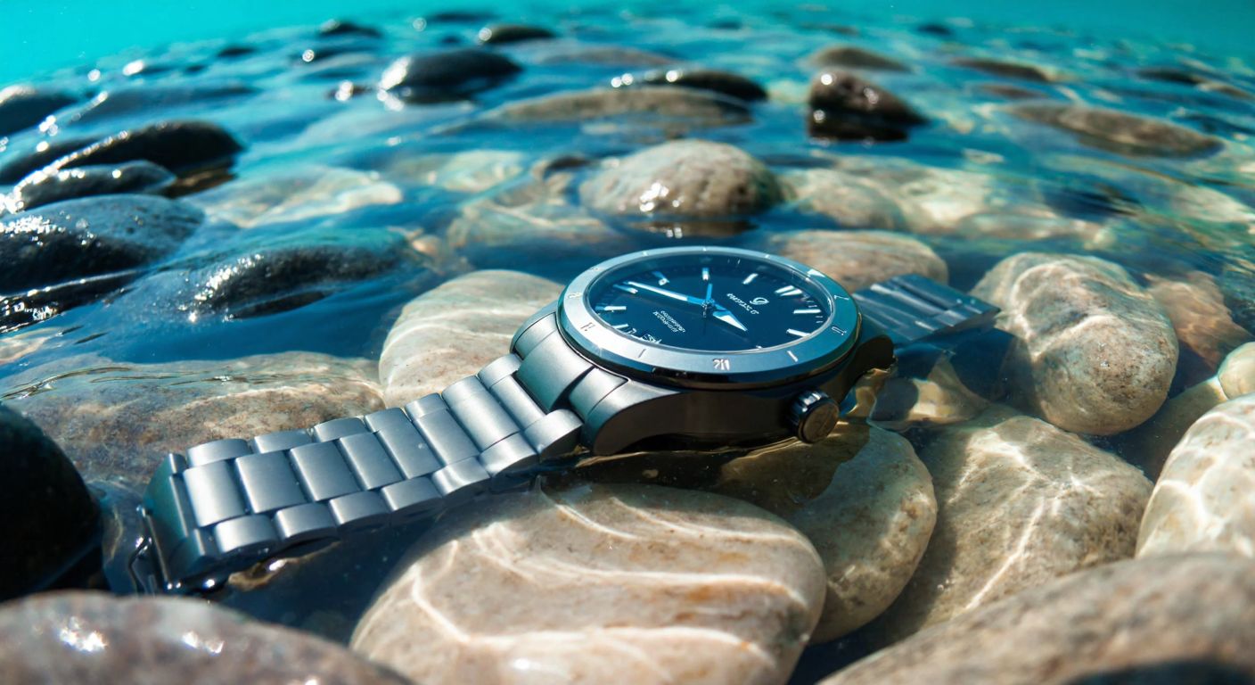 A sleek titanium watch submerged in clear blue water, with sunlight glinting off its polished surface, resting on a bed of smooth river stones.