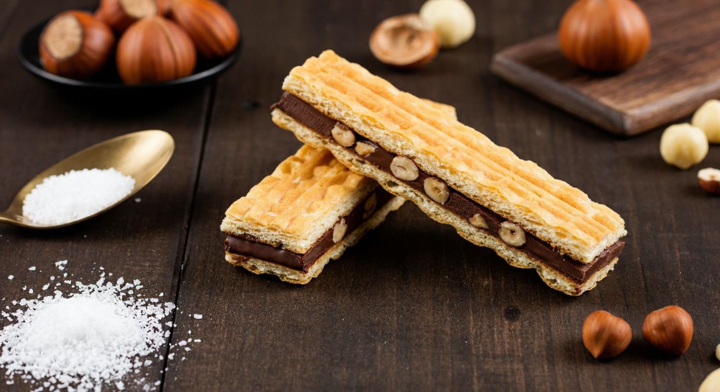 A golden-brown gofret with layers of chocolate and hazelnut filling, surrounded by scattered ingredients like flour, sugar, cocoa powder, and hazelnuts on a rustic wooden table in a Turkish kitchen.