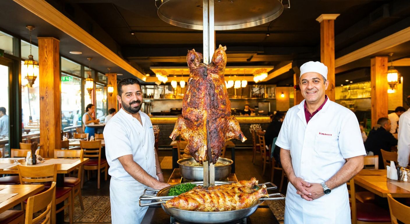 A bustling Turkish restaurant with a large, golden-brown roasted lamb on a spit, surrounded by warm lighting and wooden tables, while a proud middle-aged man in a white chef's apron smiles nearby.