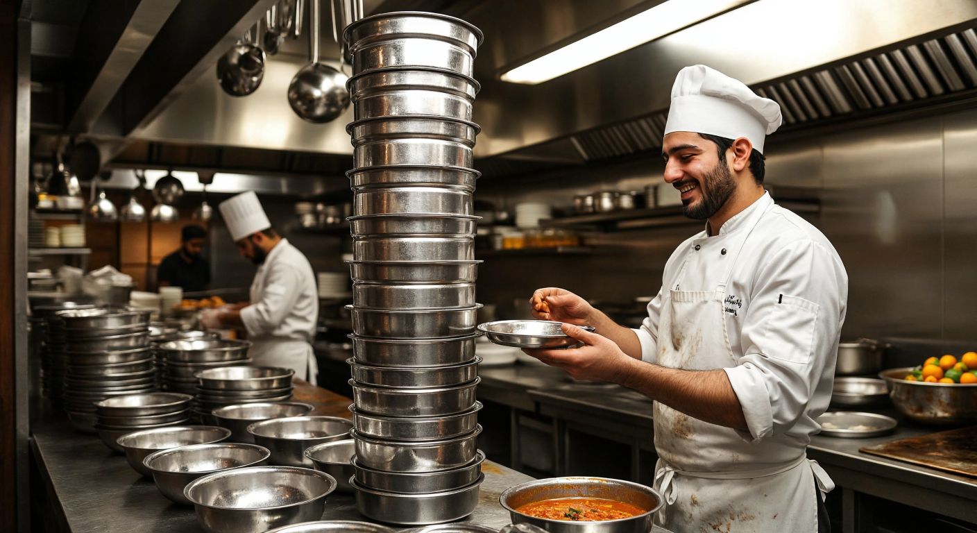 A towering stack of shiny aluminum soup bowls in a bustling Turkish restaurant kitchen, with a chef in a white apron counting them with a satisfied smile.